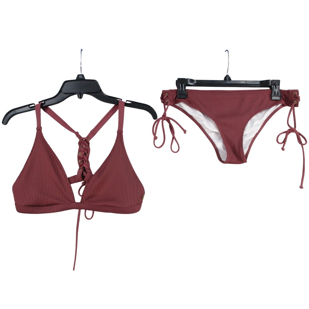 Victoria's Secret PINK Ribbed Lace Up Bikini Set Burgundy Large L